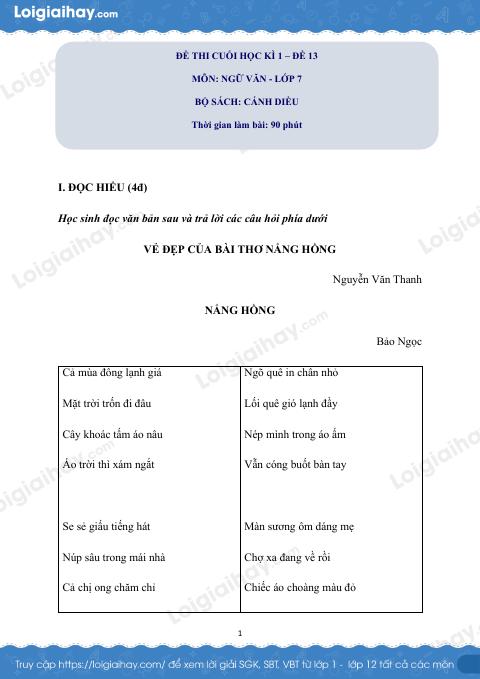 Đề thi học kì 1 Văn 7 Cánh diều - Đề số 13